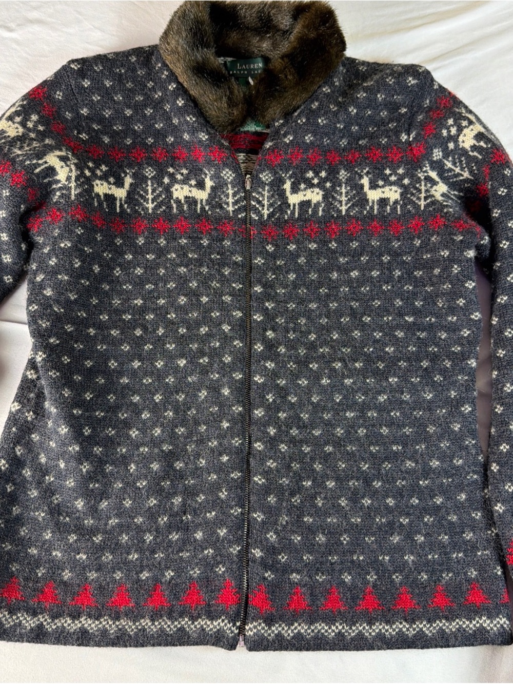 Ralph Lauren Navy Fair Isle Zip Cardigan with Faux Fur Collar